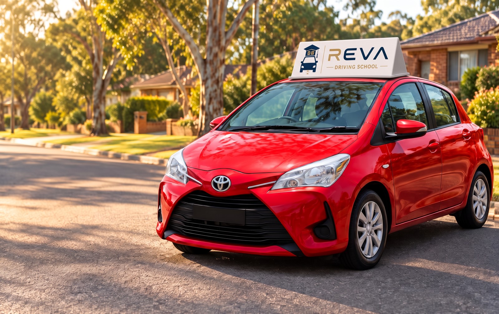 REVA Driving School red Toyota Yaris learner car on a Sydney street